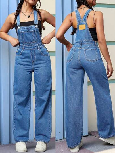 SHEIN PETITE جمبسوت جينز فضفاضة مريحة للنساء ذات ساق واسعة وجيوب