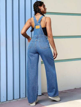 SHEIN PETITE جمبسوت جينز فضفاضة مريحة للنساء ذات ساق واسعة وجيوب
