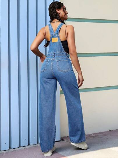 SHEIN PETITE جمبسوت جينز فضفاضة مريحة للنساء ذات ساق واسعة وجيوب