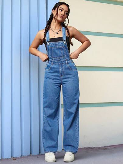 SHEIN PETITE جمبسوت جينز فضفاضة مريحة للنساء ذات ساق واسعة وجيوب