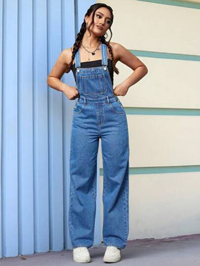 SHEIN PETITE جمبسوت جينز فضفاضة مريحة للنساء ذات ساق واسعة وجيوب