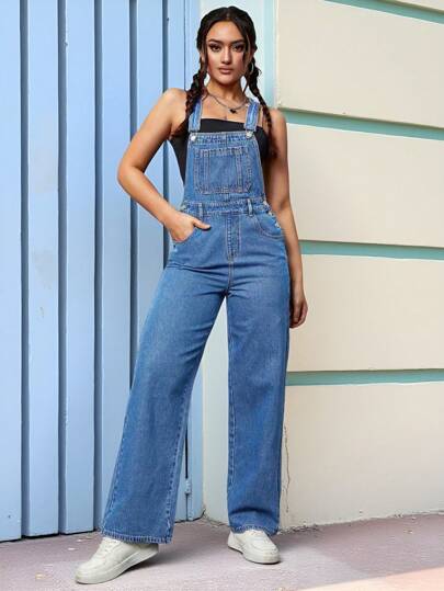 SHEIN PETITE جمبسوت جينز فضفاضة مريحة للنساء ذات ساق واسعة وجيوب