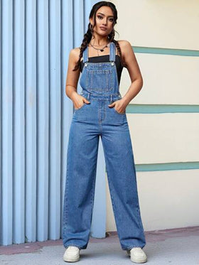 SHEIN PETITE جمبسوت جينز فضفاضة مريحة للنساء ذات ساق واسعة وجيوب