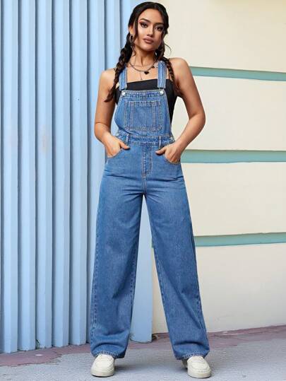 SHEIN PETITE جمبسوت جينز فضفاضة مريحة للنساء ذات ساق واسعة وجيوب