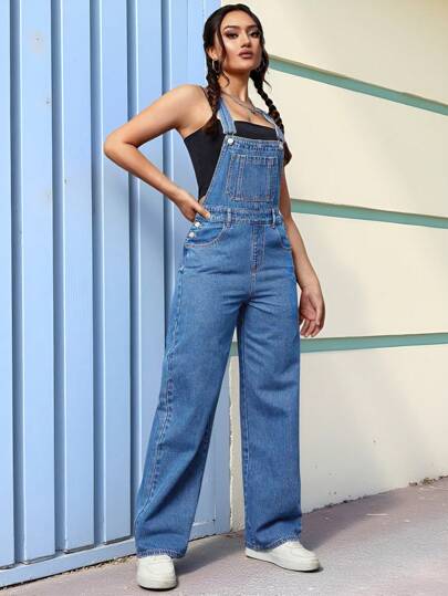 SHEIN PETITE جمبسوت جينز فضفاضة مريحة للنساء ذات ساق واسعة وجيوب