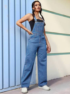 SHEIN PETITE جمبسوت جينز فضفاضة مريحة للنساء ذات ساق واسعة وجيوب