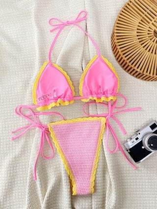 Swim SXY طقم بيكيني كروشيه سيدات، قميص صاروخي بشكل مثلث مزخرف بطيّات الزهور، يسمح بالربط والعقد