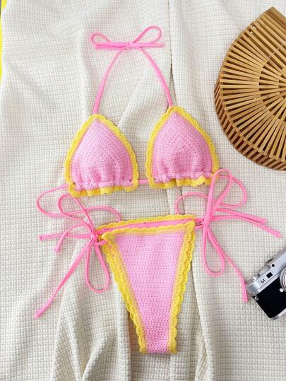 Swim SXY طقم بيكيني كروشيه سيدات، قميص صاروخي بشكل مثلث مزخرف بطيّات الزهور، يسمح بالربط والعقد