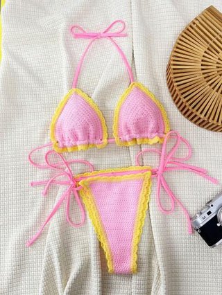 Swim SXY طقم بيكيني كروشيه سيدات، قميص صاروخي بشكل مثلث مزخرف بطيّات الزهور، يسمح بالربط والعقد