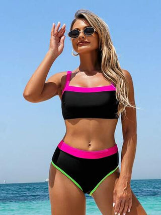 Swim SPRTY ملابس سباحة قطعتين عالية الخصر بدون حمالات، فستان لوقت الفراغ والشاطئ بألوان متباينة