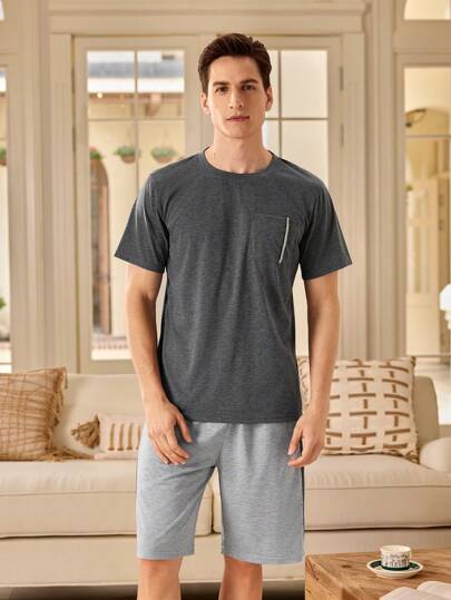 Manfinity Underwear&Sleepwear Basics بيجاما رجالية قصيرة الأكمام وشورت بلون سادة