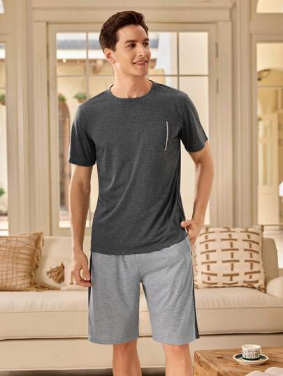 Manfinity Underwear&Sleepwear Basics بيجاما رجالية قصيرة الأكمام وشورت بلون سادة