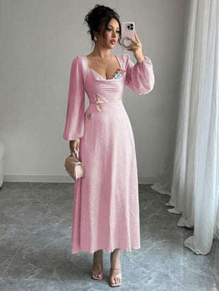 فساتين حريمي Modelyn فستان نسائي مزخرف بتطريز زهور، ياقة مستقيمة، خصر مضيق