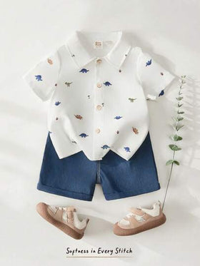 Cozy Pixies مجموعة ملابس علوية كاردجان بياقة قصير وطباعة ديناصور كرتوني مع شورت بخصر مطاطي للأطفال صبيان 2 قطعة