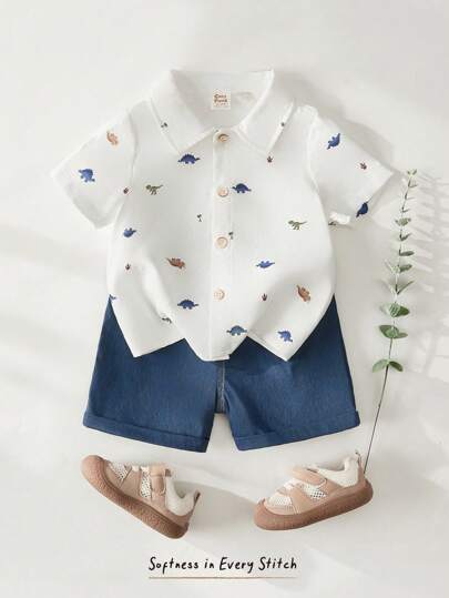 Cozy Pixies مجموعة ملابس علوية كاردجان بياقة قصير وطباعة ديناصور كرتوني مع شورت بخصر مطاطي للأطفال صبيان 2 قطعة