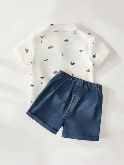 Cozy Pixies مجموعة ملابس علوية كاردجان بياقة قصير وطباعة ديناصور كرتوني مع شورت بخصر مطاطي للأطفال صبيان 2 قطعة
