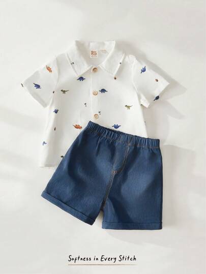 Cozy Pixies مجموعة ملابس علوية كاردجان بياقة قصير وطباعة ديناصور كرتوني مع شورت بخصر مطاطي للأطفال صبيان 2 قطعة