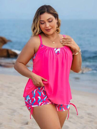 Swim Lushoire بدلة سباحة مقاسات كبيرة للنساء مكونة من قطعتين، ملابس علوية تانكيني بتصميم صدر فاضي وأسفل شورت بطبعات أزهار ملونة