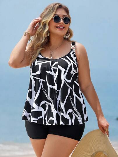 Swim Lushoire 2 مجموعة للنساء متشعبة الحجم ذات الرقبة المربعة القابلة للضبط والحمالات مع طباعة عشوائية مخططة ، وشورت بقصة عالية الخصر، ملابس سباحة كاجوال لليوم الحر والمنتجع