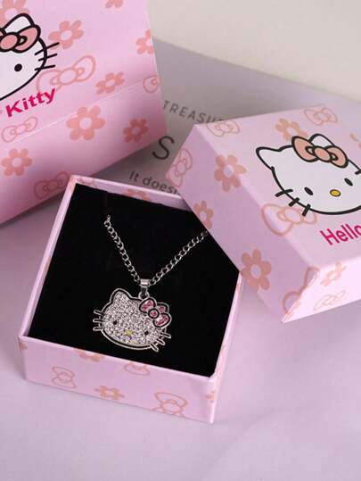 Sanrio قلادة مع قلادة بشكل قطة هالو كيتي الكرتونية الرائعة للفتيات، قلادة القطة كي تي مرصعة بالماس، هدية مثالية لعيد الميلاد أو عيد الحب.