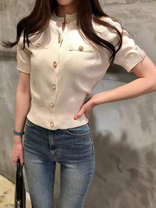INAWLY كارديجان قصير الأكمام مناسب للنساء، محبوك بشكل مناسب الجسم، ذو إغلاق أحادي الصدر، كاجوال