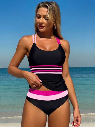 طقم تانكيني حريمي Swim SPRTY ملابس نسائية للشاطئ مكونة من قطعتين بتصميم كروس ستراب وتلوين كتل ساطعة