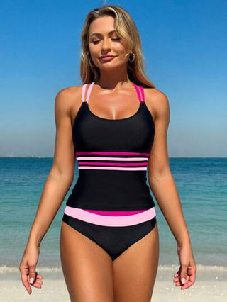 طقم تانكيني حريمي Swim SPRTY ملابس نسائية للشاطئ مكونة من قطعتين بتصميم كروس ستراب وتلوين كتل ساطعة