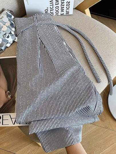 Franclia بنطلون قطني فضفاض ذو خصر عالي وربطة علوية متقلم