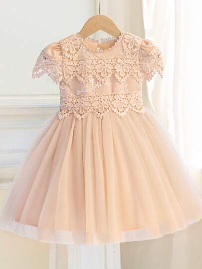 فستان دانتيل شبك شمبانيا للبنات، فستان عيد ميلاد قصير للوصيفات وفتاة الزهور
