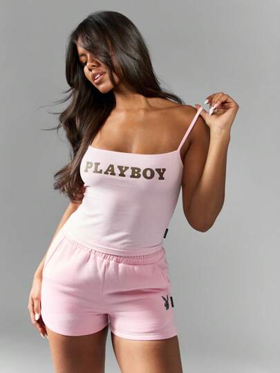 MISSGUIDED Missguided x Playboy توب رياضي أساسي خالي الأكمام مع شريط رفيع لوجو، ملابس صيفية استرخائية، لياقة بدنية، ملابس شارع، مثالي للتمارين الرياضية، ضروري للنادي الصحي