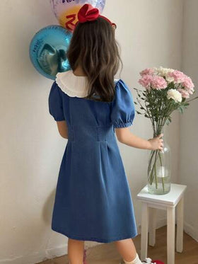 SHEIN Vintaside Kids فستان جينز للبنات بغسيل فاتح، تصميم مطرز بشكل قلب مرح، مناسب للارتداء اليومي وعصري