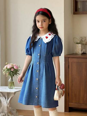 SHEIN Vintaside Kids فستان جينز للبنات بغسيل فاتح، تصميم مطرز بشكل قلب مرح، مناسب للارتداء اليومي وعصري