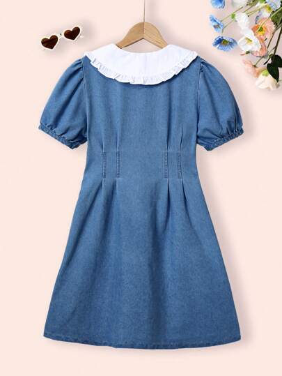 SHEIN Vintaside Kids فستان جينز للبنات بغسيل فاتح، تصميم مطرز بشكل قلب مرح، مناسب للارتداء اليومي وعصري