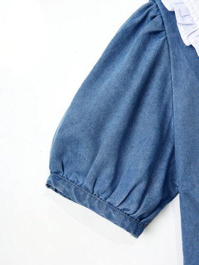 SHEIN Vintaside Kids فستان جينز للبنات بغسيل فاتح، تصميم مطرز بشكل قلب مرح، مناسب للارتداء اليومي وعصري