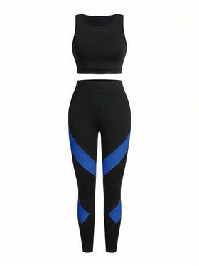 Easithlete 3 قطع بدلة رياضية: ملابس علوية أكمام بدون أكمام بياقة طاقم باللون الأسود + بنطلون بألوان متباينة + ملابس علوية بدون أكمام بياقة حلقية مطبوع عليه رسومات حرفية، مجموعة ملابس رياضية للنساء، ملابس تمرين للنساء، معدات تمرين رياضي للنساء