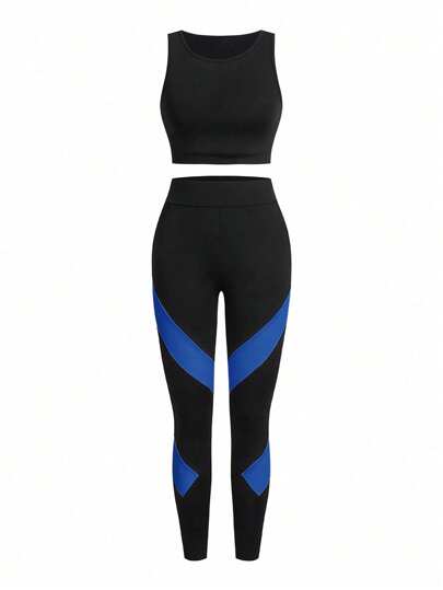 Easithlete 3 قطع بدلة رياضية: ملابس علوية أكمام بدون أكمام بياقة طاقم باللون الأسود + بنطلون بألوان متباينة + ملابس علوية بدون أكمام بياقة حلقية مطبوع عليه رسومات حرفية، مجموعة ملابس رياضية للنساء، ملابس تمرين للنساء، معدات تمرين رياضي للنساء