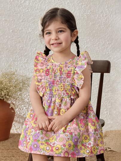 فساتين بيبي Blossori فستان قصير بأكمام كشكش مزهر لطفلة رضيعة، أسلوب ريفي