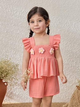 Blossori طقم ملابس علوية بأكمام كشكشة وشورت مزخرف بالأزهار، بنمط عطلة نسائي للأطفال البنات باللون الوردي