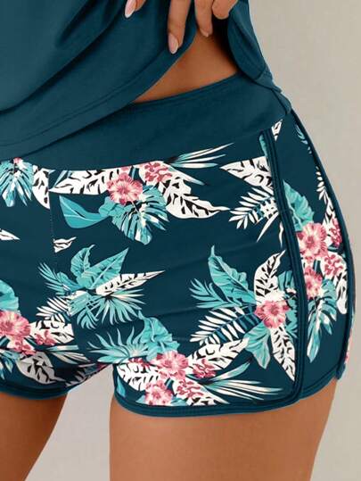 طقم تانكيني حريمي Swim Lushoire مجموعة ب- 3 قطع للنساء لأوقات الشاطئ والإجازات مكونة من توب قصير مطبوع بطبعة الأزهار مع مجموعة بكيني