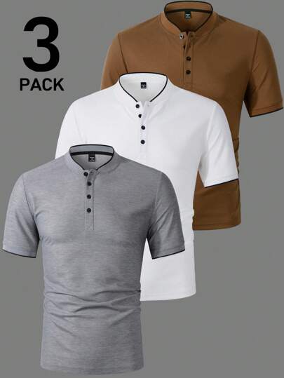 Manfinity Homme 3 قطع طقم قمصان بولو رجالية ذات لون واحد للأعمال