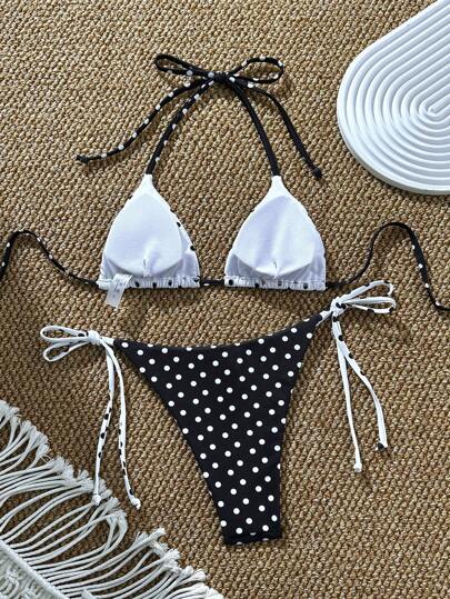 Swim Mod 2 مجموعة بكيني للنساء ذات تصميم أنيق وجذاب بطراز نقاط بيضاء وسوداء على شكل عنق مربوط، لإطلالة عصرية في المنتجعات