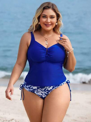 Swim Lushoire مجموعة من 2 قطعة ، بدلة سباحة تانكيني من قطعة واحدة للمرأة ذات الحجم الكبير، مطبوعة بزهور عشوائية مع قصة تجميع للصدر