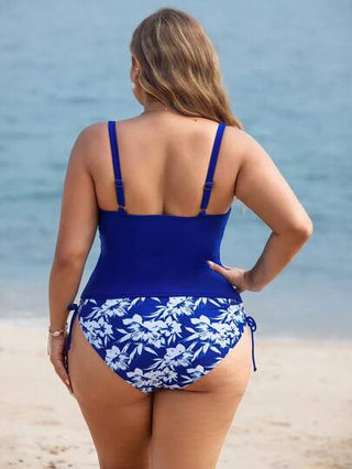 Swim Lushoire مجموعة من 2 قطعة ، بدلة سباحة تانكيني من قطعة واحدة للمرأة ذات الحجم الكبير، مطبوعة بزهور عشوائية مع قصة تجميع للصدر