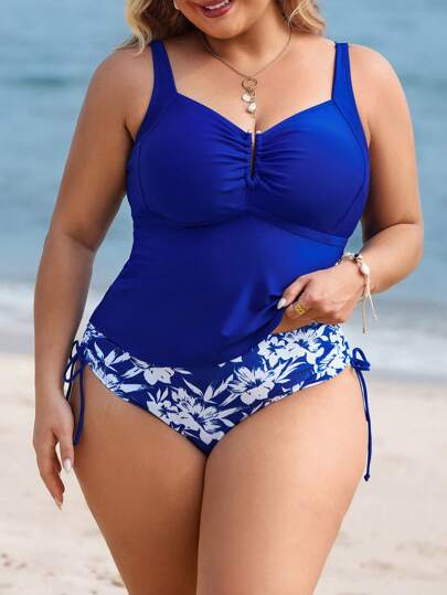 Swim Lushoire مجموعة من 2 قطعة ، بدلة سباحة تانكيني من قطعة واحدة للمرأة ذات الحجم الكبير، مطبوعة بزهور عشوائية مع قصة تجميع للصدر