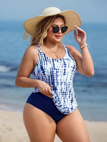 طقم تانكيني حريمي Swim Lushoire قطعتان من ملابس السباحة نوع Tankini بطبعات زهور على لون الأزرق الكحلي للمرأة ذات الحجم الكبير، تخفي منطقة الخصر، ملابس كاجوال مناسبة للشاطئ أو البركة