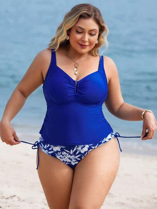 Swim Lushoire مجموعة من 2 قطعة ، بدلة سباحة تانكيني من قطعة واحدة للمرأة ذات الحجم الكبير، مطبوعة بزهور عشوائية مع قصة تجميع للصدر