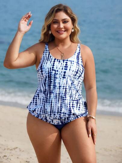 طقم تانكيني حريمي Swim Lushoire قطعتان من ملابس السباحة نوع Tankini بطبعات زهور على لون الأزرق الكحلي للمرأة ذات الحجم الكبير، تخفي منطقة الخصر، ملابس كاجوال مناسبة للشاطئ أو البركة