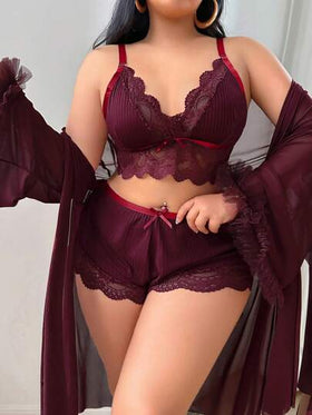 Slumberist مجموعة 3 قطع: قميص نوم قصير مع تصميم قطع من الدانتيل + رداء ضيق مع تطريز زهري ثلاثي الأبعاد وأكمام واسعة لمقاسات كبيرة
