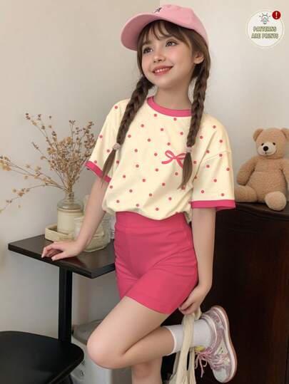 girls-sets 2 قطعة من طقم نقاط كيوت مطبوع بشريط وردي، بلوزة قصيرة الأكمام وشورت لفتيات المراهقات, أسلوب بسيط, مناسب للصيف
