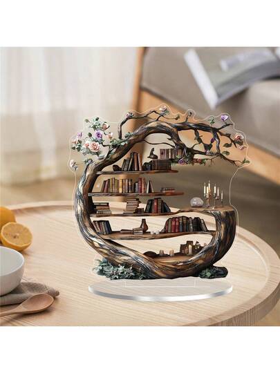قطعة واحدة من الزخارف الأكريليك ذات التصميم الخشبي المميز لشجرة الحياة الأنيقة ذات التصميم المسطح 2D ، عناصر ديكور أكريليك مبتكرة ومتعددة الاستخدامات ك-منظم مكتبي لترتيب الكتب والتصميمات ، قطعة مثالية للمنزل والمطبخ والمكتب والنوم ، هدية عائلية مميزة مع ح